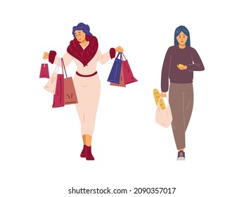 Rich Woman In Luxury Clothes With Shopping Bags And Poor Woman Who Lacks Money On Food, Flat Vector Illustration Isolated On White Background. Social Gap And Inequality.