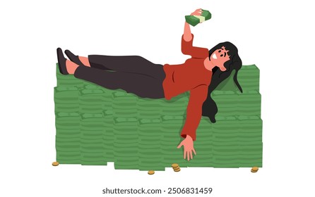 Rich woman lying on pile of money and coins flat vector illustration. Millionaire raising wad of money demonstrates financial success isolated on white.