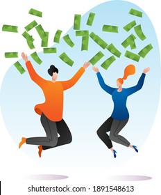 Rich woman, man together throw money around and jumping, wealthy person splash out cartoon vector illustration, isolated on white. Concept cash dollar money, cheerful couple monetary success.