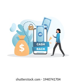 Rich woman receives cashback on an electronic, locked wallet, bank account in smartphone from purchase. Wealthy girl in mobile phone has saved up, keeps lot of cash, big bag of coins.