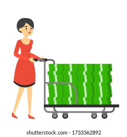 Rich woman in red dress carrying hand truck full of money vector isolated. Happy wealthy character possess a lot of banknotes. Financial success
