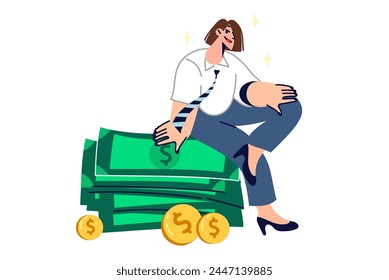 Rich woman sits on stack of money earned in business or from high-paying job, and thinks about where to invest money. Successful lady with large reserve capital feels financially secure