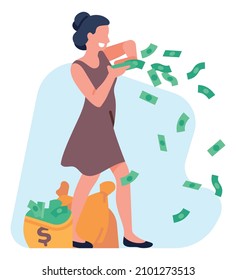 Rich woman throwing dollars. Person with money bags