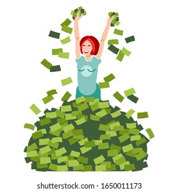 Rich woman throws banknotes. Winning lottery and inheritance. Wealthy businessman in pile of money. Flat cartoon vector isolated illustration.