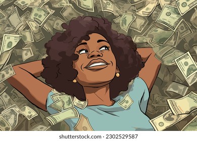 rich young african woman lying in a pile of dollar bills girl making money illustration