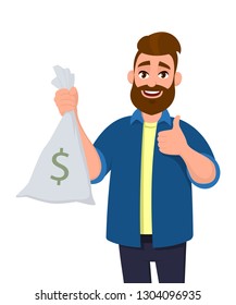 Rich young man is holding money, cash bag in hand and gesturing thumbs up sign. Successful business and finance concept illustration in vector cartoon flat style.