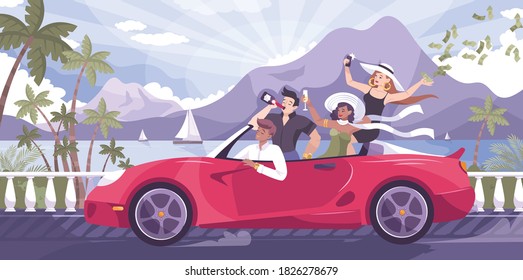 Rich youth flat composition with outdoor tropical landscape mountains yachts and group of teenagers riding cabrio vector illustration