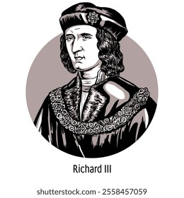 Richard III was the Yorkist King of England, the last male Plantagenet on the English throne. One of three kings of England to die in battle. Hand-drawn vector illustration