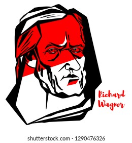 Richard Wagner engraved vector portrait with ink contours. German composer, theatre director, polemicist, and conductor who is chiefly known for his operas.