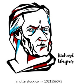 Richard Wagner engraved vector portrait with ink contours. German composer, theatre director, polemicist, and conductor who is chiefly known for his operas.