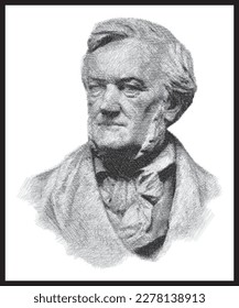Richard Wagner portrait bust pen sketch illustration. German composer. Poster, Wall Decoration, Postcard, Social Media Banner, Brochure Cover Design Background. Vector Pattern.