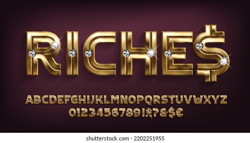 Riches alphabet font. Golden metal letters and numbers with diamonds. Stock vector typeface for your design.