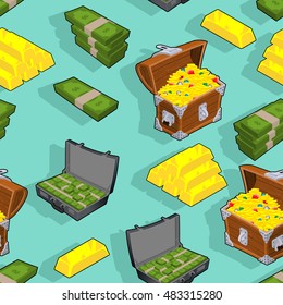 Riches seamless pattern. Chest with gold ornament. Gold bullion background. Case with money. Bundles of cash texture. Dollars stack. Financial set
