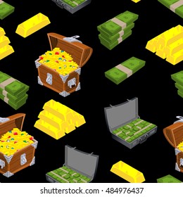 Riches seamless pattern. Chest with gold ornament. Gold bullion background. Case with money. Bundles of cash texture. Dollars stack. Financial set
