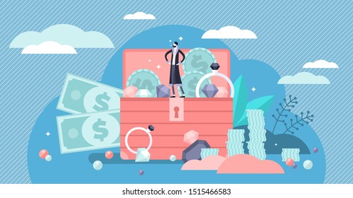 Riches vector illustration. Flat tiny rich financial wealth persons concept. Treasure investment and bank savings. Economical stable, successful and prosperous boss. Royal gold, gems and jewels owner.