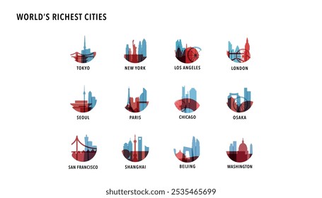 Ciudades más ricas por logotipos de PIB, iconos para infografías, índice, presentación, clasificación - Tokio, Nueva York, Los Ángeles, Londres, Seúl, París, Chicago, Osaka, Pekín, Shanghai