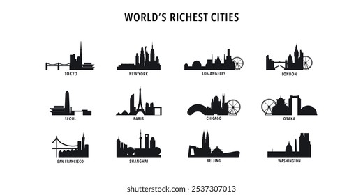 Ciudades más ricas por logotipos de GDP, iconos con skylines de Tokio, Nueva York, Los Ángeles, Londres, Seúl, París, Chicago, Osaka, Beijing, Shanghai