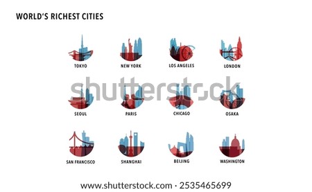 Richest cities by GDP logos, icons for infographics, index, presentation, ranking - Tokyo, New York, Los Angeles, London, Seoul, Paris, Chicago, Osaka, Beijing, Shanghai
