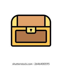 Richly colored cartoon chest filled with gold and gems in colored outline. Ideal for RPG rewards, quest items, and adventure games.