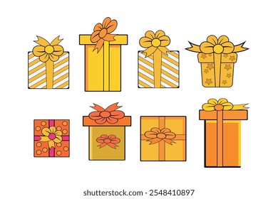 Richly Colored Gift Box Illustrations with Trendy Ribbons for Holiday Promotions, Vector Art of Colorful Gift Boxes with Stylish Bows for Graphic Usage, Charming Collection of Gift Boxes