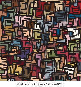 Richly colored, hand drawn boomerang like abstract shapes organized into loose grid pattern on black base

