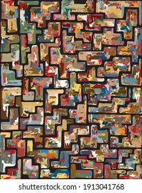 Richly colored, hand drawn marker lines based puzzle, rectangular shapes organized into loose grid pattern on black base