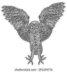 richly decorated floral ornament owl with spread wings - vector hand drawing illustration  