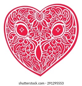 richly decorated floral ornament owl heart shaped head - vector hand drawing illustration  