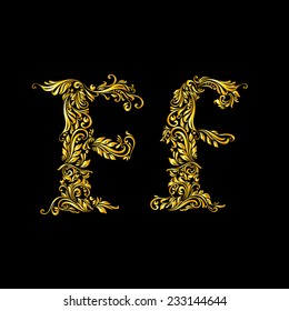 Richly decorated letter f in upper and lower case on black background.