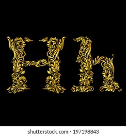 Richly decorated letter 'h' in upper and lower case on black background.