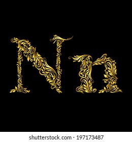 Richly decorated letter 'n' in upper and lower case.