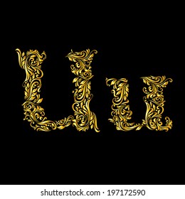 Richly decorated letter 'u' in upper and lower case.