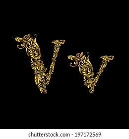 Richly decorated letter 'v' in upper and lower case.