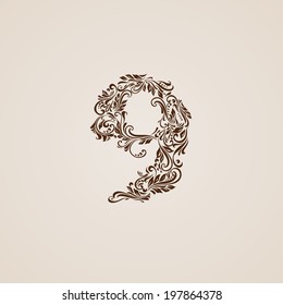 Richly decorated nine digit on beige background.
