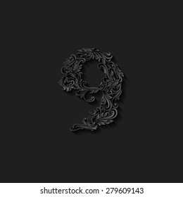 Richly decorated nine digit on black background