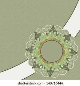 Richly decorated with round frame on seamless background with leaves, flowers and patterns