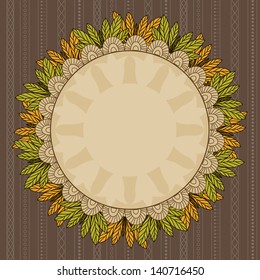 Richly decorated with round frame on seamless background with leaves, flowers and patterns