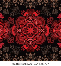 A richly detailed mandala-inspired design bursting with fiery shades of red, crimson, and orange against a dark, elegant background. The central floral geometry radiates intricate patterns and symmetr