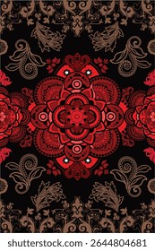 A richly detailed mandala-inspired design bursting with fiery shades of red, crimson, and orange against a dark, elegant background. The central floral geometry radiates intricate patterns and symmetr