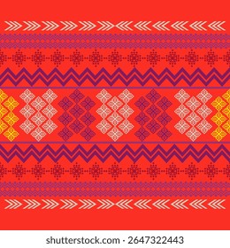 Um design de estilo têxtil ricamente detalhado com repetição de faixas geométricas em marrom, ouro e vermelho. Inspirado pela tecelagem tribal tradicional.