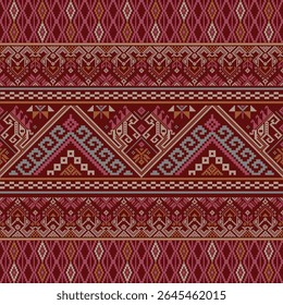 A richly detailed Thai pattern in warm maroon tones, combining ethnic symmetry and geometric pixel precision for decorative fabric, wall art, and crafts.