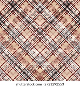 Una tela escocesa de capas ricas con bandas Horizontales beige y marrón intersectadas por líneas diagonales rojas oscuras, negras y blancas, formando rejillas de diamante con texturas punteadas para un efecto dinámico y táctil 