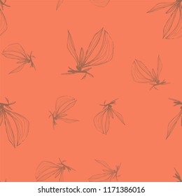 richly orange color of the background, lilies transparent contours, distributed on the surface of the fabric, suitable for the design of curtains and textiles in the living room, postcards