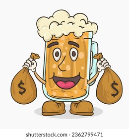 richman beer glass with face mascot holding money bag vector illustration