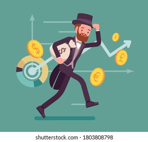 Richman, wealthy person with great financial fortune. Elegant gentleman banker in tuxedo, successful dollar millionaire, happy capital owner around golden coins. Vector flat style cartoon illustration