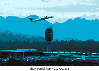 Richmond, BC, Canada- 10 02 2021: Vectorized Image Of An Air Canada Express Plane Taking Off From Vancouver Airport Right Above The Air Traffic Control Tower.