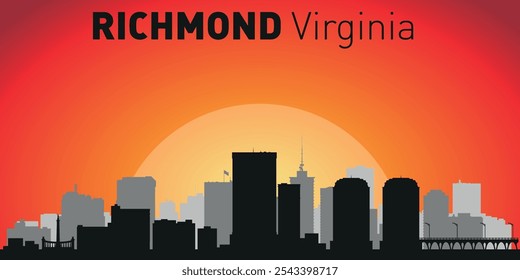 Horizonte de la ciudad de Richmond con siluetas de edificios con el telón de fondo de un Grande sol amarillo y cielo naranja. Vector en el fondo de la puesta del sol