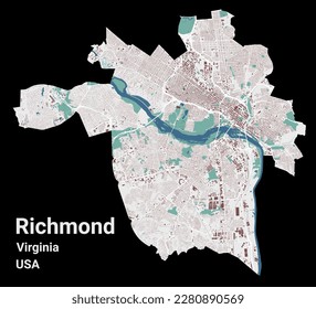 Richmond map, capital city of the USA state of Virginia. Municipal administrative area map with buildings, rivers and roads, parks and railways. Vector illustration.