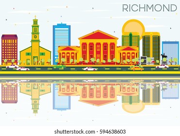 Richmond Skyline with Color Buildings, Blue Sky and Reflections. Vector Illustration. Business Travel and Tourism Concept with Historic Architecture. Image for Presentation Banner Placard and Web Site