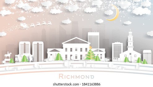 Richmond Virginia City Skyline in Paper Cut Style with Snowflakes, Moon and Neon Garland. Vector Illustration. Christmas and New Year Concept. Santa Claus on Sleigh.